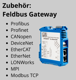 •	Profibus •	Profinet •	CANopen •	DeviceNet •	EtherCAT •	EtherNet •	LONWorks •	MPI •	Modbus TCP Zubehör:   Feldbus Gateway